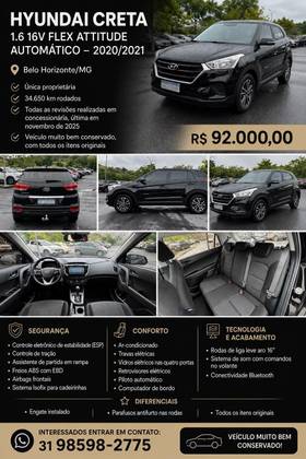 HYUNDAI CRETA 1.6 16V FLEX ATTITUDE AUTOMÁTICO HYUNDAI CRETA 1.6 16V FLEX ATTITUDE AUTOMÁTICO